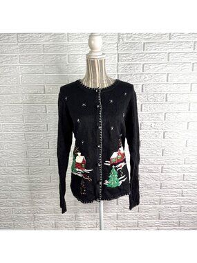 Vintage IB Diffusion Christmas Cardigan Embroidered Felted Cabin & Tree Medium